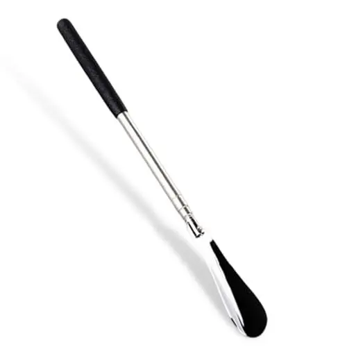 Produktbild: Schuhanzieher Lang, Teleskopisch 31 cm~65 cm, Mini-Schuhlöffel Lang Kunststoff mit Bequemem Metall Kugelgriff, Verstellbarer Expander für Herren, Damen, Kinder, Senioren (Silber)