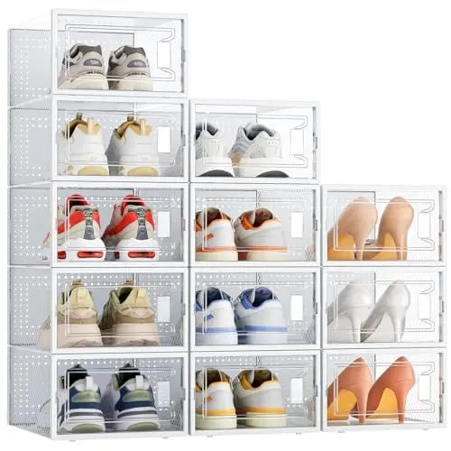 Produktbild: Schuhboxen Stapelbar, 12 Stück Schuhaufbewahrungsboxen, durchsichtiger stapelbarer Schuhorganizer aus Kunststoff mit Deckel für Damen/Herren, passend für Größe 10 (32,5 x 23 x 13,5 cm, weiß)