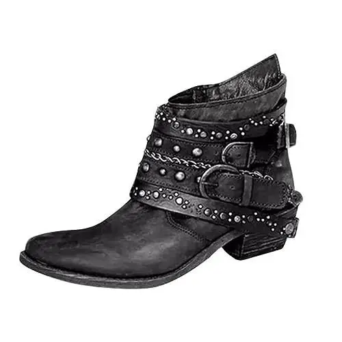 Produktbild: CowboyStiefel Beige Stiefel Kurz Boots Stiefel Damen Stiefel Mädchen Kurz Bootie Cowboy Motorrad Lederschuhe Stiefeletten Stiefel Damen Mit Absatz Stiefel Herren Mode (Black, 38)