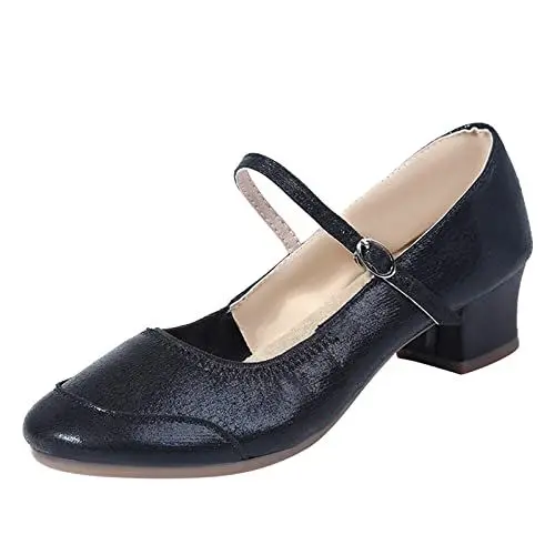 Produktbild: Schuhe Schlangenmuster Damen einfarbig rutschfest Dicker Absatz runder Zeh atmungsaktive Tanzschuhe Dirndl Schuhe Damen Creme (Black, 40)