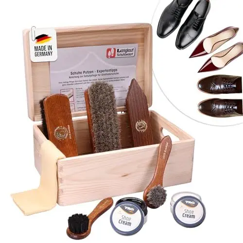 Produktbild: Schuhputzset Leder 9tlg Schuhputzkasten Milano I Rosshaar Schuhbürste -Tiegelbürste und extra weiche Rosshaarbürste zum polieren I Schuhbürsten Set mit Pferdehaar, Schuhpflegeset made in Germany