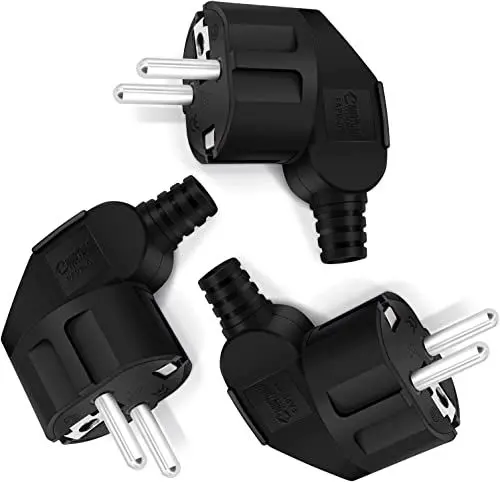 Produktbild: Schuko Stecker Winkelstecker 3 Stücke, Stromstecker Winkelstecker 230v flach, Schutzkontakt Stecker mit Knickschutztülle, Eurostecker für 8-10mm Kabel, IP20, Langlebig und Bruchfest, Schwarz