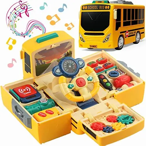 Produktbild: Schulbus Spielzeug mit Ton und Licht, Simulation Lenkrad Getriebe Spielzeug, Kleinkinder Schulbus Spielzeug mit Musik Bildung Wissen Simulation Fahren Bus Spielzeug, Geschenk für 3-5 Jungen & Mädchen