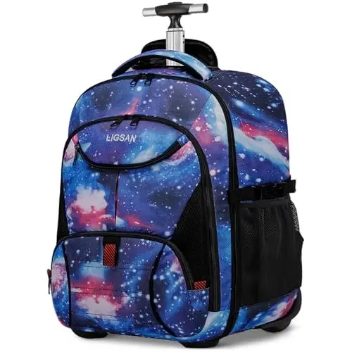 Produktbild: Schulranzen mit Rollen Schultrolley Laptoptasche 17.3 Zoll Laptop Rucksack mit Rollen für Studenten Männer Frauen Wasserdicht Reiserucksack Trolley mit Rucksackfunktion Handgepäck, Galaxie-Blau