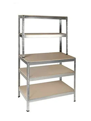 Produktbild: SCHULTE Regalwelt Schwerlastregal mit 5 Holzböden, 180x100x36/60 cm (HxBxT), Traglast pro Ebene ca. 200 Kg, verzinkt, Werkbank, Lagerregal, Kellerregal, Werkstattregal, Steckregal