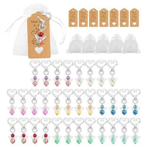 Produktbild: Schutzengel Anhänger, 32 Stücke Gastgeschenke Schutzengel mit Organza Beutel Kraftpapier Anhänger für Gastgeschenke Kommunion Konfirmation Hochzeit Taufe