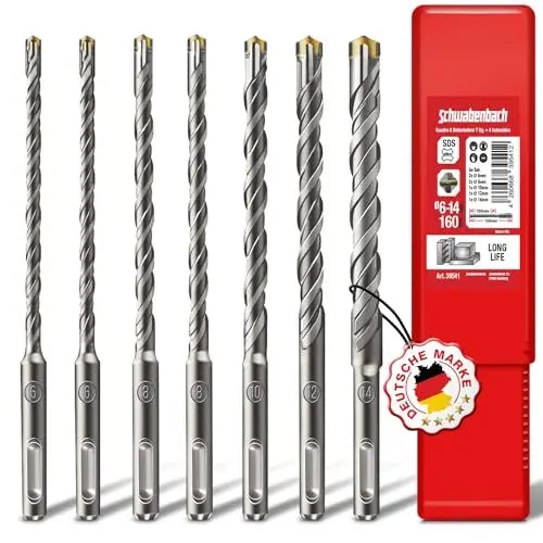 Produktbild: SCHWABENBACH ® SDS PLUS Betonbohrer Set - Super SDS Bohrer Set - 7tlg. 6 8 10 12 14 x 160 mm - Steinbohrer kompatibel mit Bosch Bohrhammer - Premium Qualität für Schlagbohrmaschine (kein SDS MAX)