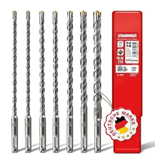 Produktbild: SCHWABENBACH ® SDS PLUS Betonbohrer - Super SDS Bohrer Set - 7tlg. 6 8 10 12 14 x 210 mm - Steinbohrer kompatibel mit Bosch Hilti Makita Metabo Bohrhammer - für Schlagbohrmaschine
