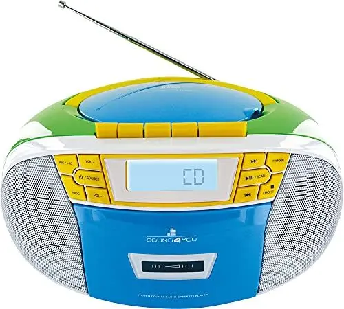 Produktbild: SCHWAIGER 661644 CD-Player mit Kassette und Radio MP3 USB Anschluss FM Radio AUX Kopfhörer Boombox Netz- und Batteriebetrieb Display tragbar bunt