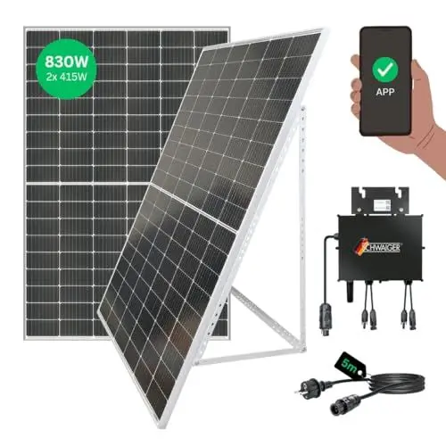 Produktbild: SCHWAIGER 715972 Solaranlage Komplettset 830W MIT STÄNDERWERK Balkonkraftwerk Photovoltaik-Anlage Steckersolarkraftwerk Solarenergie mit Wechselrichter