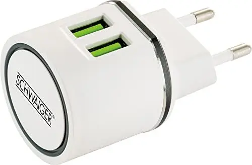Produktbild: SCHWAIGER LAD230 531 Steckdosenadapter Netzteil Ladegerät Netzstecker USB 2.0 A Ladestecker 230V Eurostecker doppelter Ladestecker weiß grün