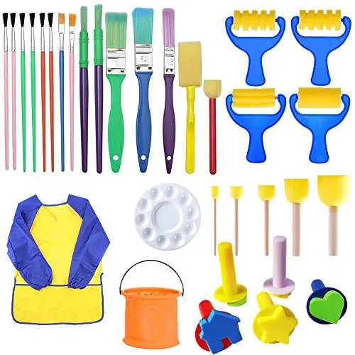 Produktbild: CENRONG Schwamm Malerei Pinsel Set，36 Pcs Kinder malwerkzeuge Malschwämmchen Stempel Pinsel Set mit wasserdichte schürze，für Kinder Früherziehung DIY Handwerk