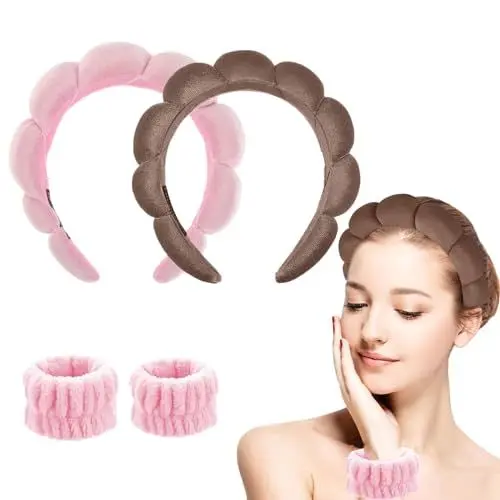 Produktbild: Schwamm Stirnband Armband Sets zum Waschen von Gesicht Make-up Stirnbänder für Frauen Mädchen Hautpflege Entfernung Spa Yoga Sport Dusche Kopfband Frottee Handtuch Stoff Haarband (Stil 1)