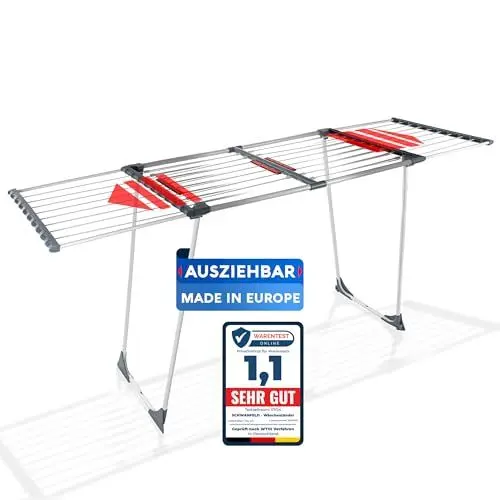 Produktbild: SCHWANFELD® Wäscheständer ausziehbar (20M TROCKENLÄNGE) - Wäscheständer hoch - Premium Wäschetrockner Ständer - Faltbarer Wäscheständer XXL - ausziehbarer Wäscheständer - Standtrockner rutschfest