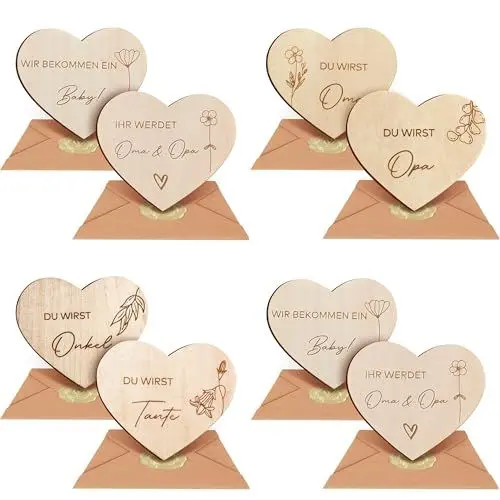 Produktbild: Schwangerschaft verkünden aus 8 Herz Holzscheiben, Wir bekommen ein Baby! Du wirst Oma/Opa/Tante/Onkel, IHR WERDET Oma & Opa, Möchtest DU MEIN Patenonkel Werden? Möchtest DU MEINE Patentante Werden?