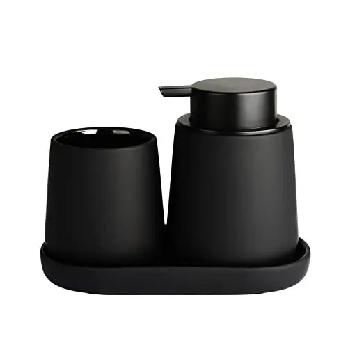 Produktbild: Schwarz Badezimmer Set Umlaca Bathroom Accessories,3-teiliges Zubehör Enthält 350ml Seifenspender, 320ml Zahnputzbecher und Seifenschale,Geeignet für Bad,Waschbecken,Flüssigseifenspender