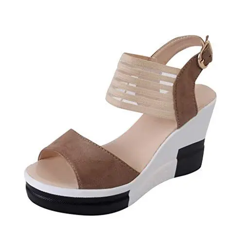 Produktbild: Schwarz Damen Schuhe Elegant Und Bequem Frauen Roman Schnalle wasserdicht Plattform Super High Heel Fish Mouth Keil Sandalen Bequem Riemchenpumps Damen Slingback Pumps (Khaki, 37)