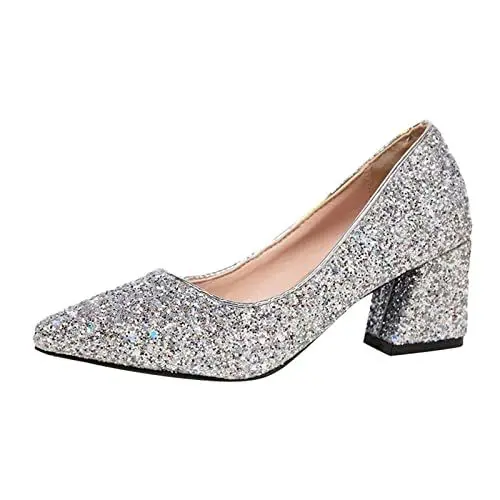Produktbild: Schwarz Damen Schuhe Elegant Und Bequem High Heels Chunky Party Großer Absatz Hohe Damenschuhe Kristall Zehengröße Pailletten High Heels Bequem Riemchenpumps Damen Slingback Pumps (Silver, 41)