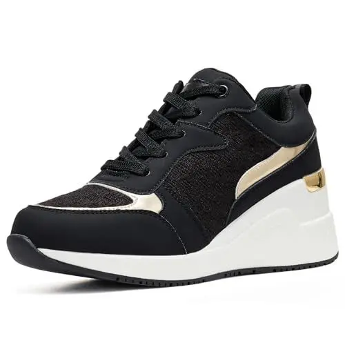 Produktbild: Schwarz Keilabsatz Turnschuhe für Frauen - Hochhackige Keil Tennisschuhe rutschfest Frauen Mode Turnschuhe W142-FN-DE-BLACK-38