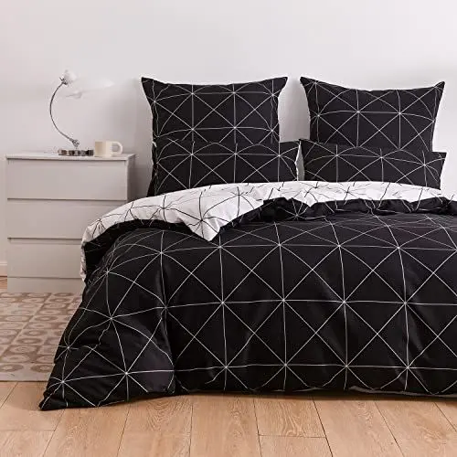 Produktbild: Schwarze Bettwäsche 135x200 Kariert Aesthetic Modern Bettwäsche Schwarz Weiß Muster Set 2er Set Microfaser Tumblr Bettbezug 135 x 200 Einzelbett Set und 80x80 Kissenbezug fürs Bettdecke Duvet Cover