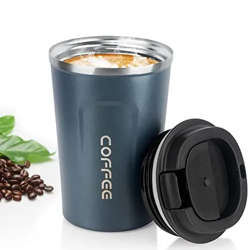 Produktbild: MOMSIV Schwarze Kaffeetasse, Vakuum wiederverwendbare auslaufsichere Kaffeetasse, Isolier-Edelstahl-umweltfreundliche Reisebürobecher für heißen Kaffee, Tee und kalte Getränke (Blau)