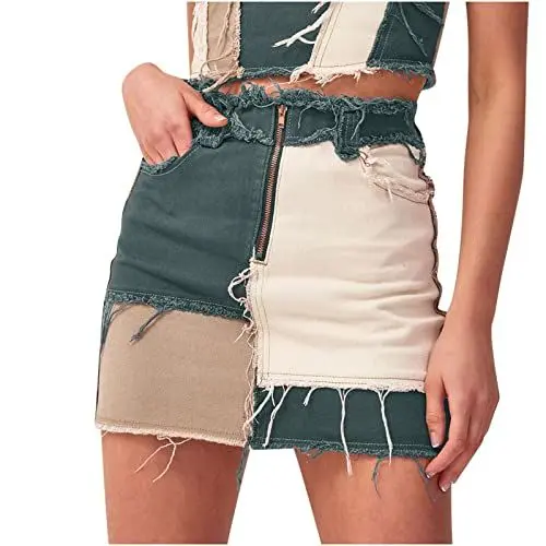 Produktbild: Schwarze Miniröcke für Frauen Stretch, eng anliegende Hüftnähte, Farbblock-Denim, kurzer Rock, sportlicher Damenrock
