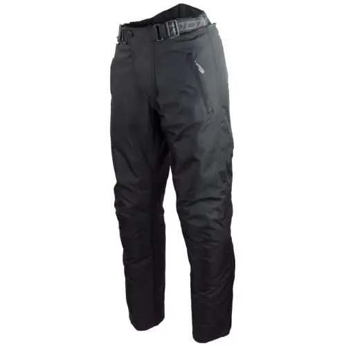 Produktbild: Schwarze Motorradhose in Kurzgröße L mit herausnehmbarem Thermofutter, Protektoren und Weitenverstellung, für Sommer und Winter