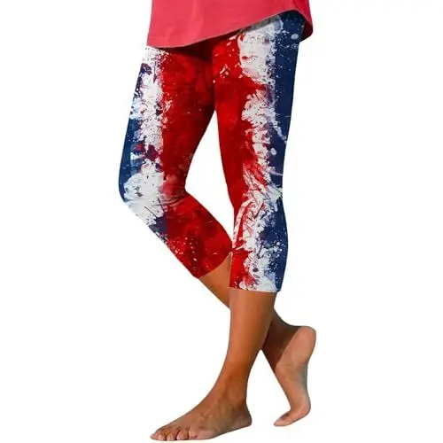 Produktbild: Schwarze Stoffhose Damen Elegant Stretch AnzüGe 4. Juli-Leggings für Damen, Capri-Leggings für Damen, klassischer amerikanischer Flaggendruck, High Waist Stoffhose Damen Weit Denim (Light Blue, S)