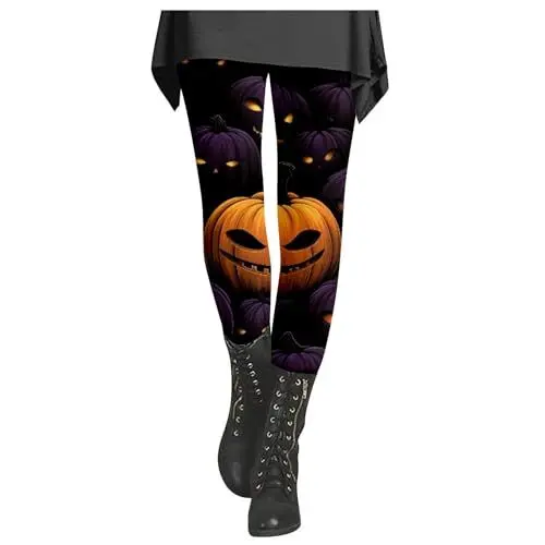 Produktbild: Schwarze Stoffhose Damen High Waist Wollhose Hosen Damen Leggings mit Halloween-Print, lässig, bequem, für den Urlaub, Workout, Sporthose Stoffhose Schwarz Damen Weit S Hosen Damen Hosen (Black, XL)