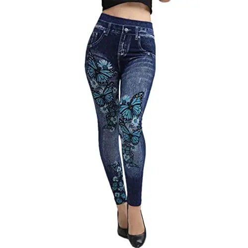 Produktbild: Fleece Lined Tights Women Warme Unterhose Damen Lässige Leggings für Damen, elastische Jeans-Leggings, Thermo-Streifendruck, Denim-Leggings, Strumpfhose, Damen Hosen Winter Thermo Leggings (Blue, L)