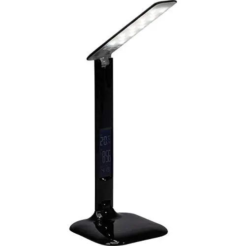 Produktbild: schwarze LED Schreibtischlampe mit Datumsanzeige & Weckfunktion / Thermometer - Tischleuchte mit Touchdimmer - CCT - inkl. USB - 55 cm Höhe - 6,5 W - 320 lm - 2800 - 6500 K - aus Kunststoff/Metall