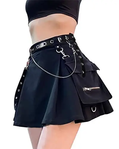 Produktbild: Damen-Cargo-Rock, hohe Taille, Vintage, lässig, A-Linie, Mini-Röcke mit Tasche und Gürtel, Gothic, Punk, Y2K, Streetwear, 13 - Schwarz mit Blet, XX-Large