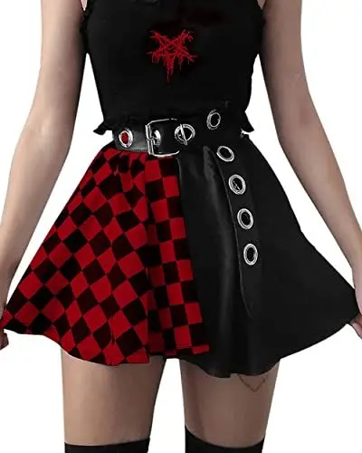 Produktbild: Schwarzer Faltenrock mit Kette, Gothic-/Punk-Stil, hohe Taille, Skaterröcke, Schule, dunkle Uniform, 5-Rot mit Blet, Groß