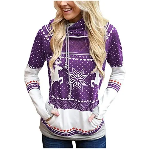 Produktbild: Schwarzer Hoodie Damen Oversize Vliesjacke Damen Taschen--Kapuzenpullover-lange beiläufige Frauen-bedruckte Hülsen-Weihnachtswinter-Frauen-Hoodies Damen Hoodie Oversize Hoodie Jacke Damen (Purple, L)