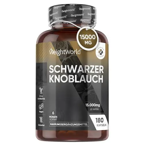 Produktbild: Schwarzer Knoblauch 100:1-15000mg pro Kapsel - Mit Allicin & S-Allylcystein - 180 vegane Kapseln - 6 Monate Vorrat - Für Erwachsene - Von WeightWorld
