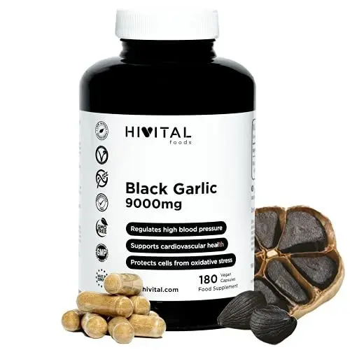 Produktbild: Schwarzer Knoblauch 9000 mg. 180 vegane Kapseln für 6 Monate. Schwarzer Knoblauchextrakt OHNE GERUCH Allium Sativum. Hergestellt von HIVITAL