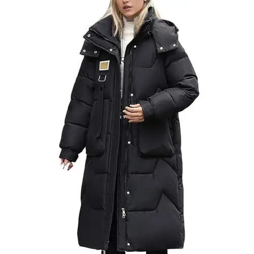 Produktbild: Schwarzer Mantel Damen Lang Winter Wintermode, einfarbig, abnehmbare Kapuze, mittellang, über dem Knie, verdickter Daunenmantel mit doppelten großen für Damen Frauen Mantel Winter (Black, XXL)