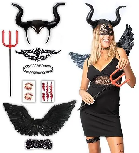 Produktbild: Schwarzer Teufel Kostüm - Halloween Kostüm Damen - Erwachsene & Teenager Eine Größe passt allen – 2023 Trending Kostüm