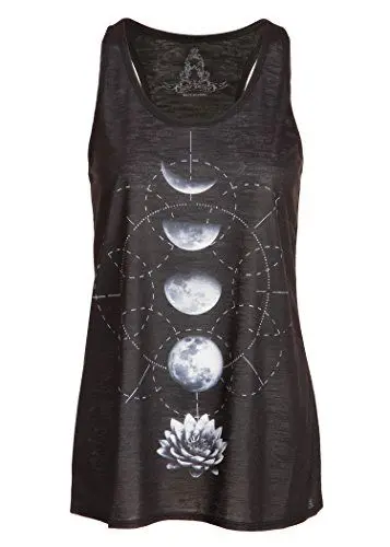 Produktbild: Schwarzes Damen Yoga Tank Top T-Shirt mit Lotus Blume und Mond Design – Gr. L