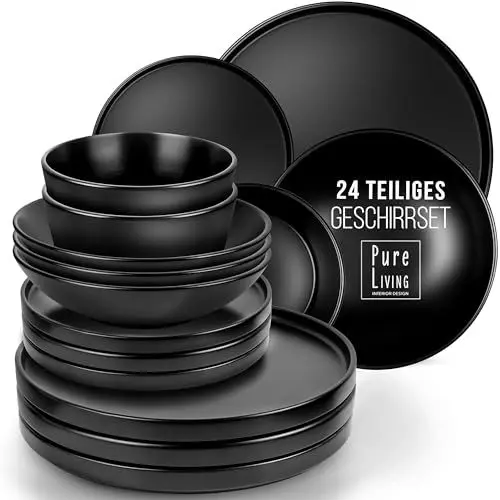 Produktbild: Steingut Geschirrset 6 Pers. Manhattan 24-tlg Hochwertiges Urban Style TEST SEHR GUT Steingut Geschirr Set - Schüssel- und Teller Set - Tafelservice 6 Personen Geschirrsets Pure Living in matt schwarz