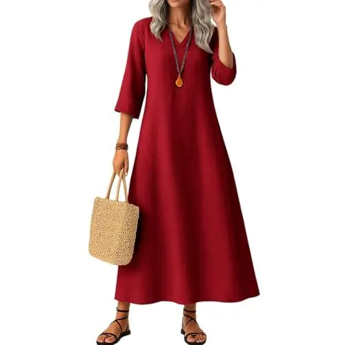 Produktbild: Schwarzes Kleid Damen Lang Leinenkleid Damen Frühling und Herbst Kleid 3/4 Ärmel V Ausschnitt Langes Kleider Casual Loose Solid Farbe Baumwolle Leinen Freizeitkleid Rot L