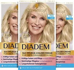 Produktbild: Schwarzkopf Diadem 3 in 1 Pflege-Color-Creme 703 Platin Blond Stufe 3 (3 x 170 ml), permanente Haarfarbe, Haarpflege-Formel für gesund aussehende Ergebnisse, 100 % Grauabdeckung