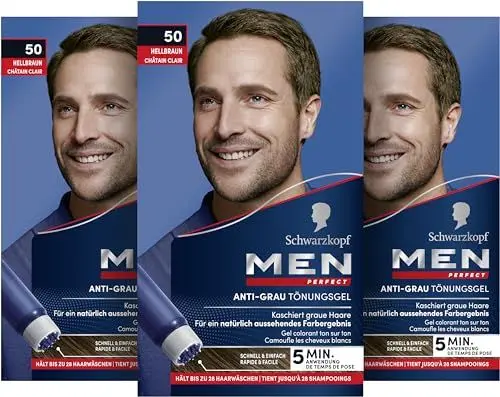Produktbild: Schwarzkopf Men Perfect Anti-Grau Tönungs-Gel 50 Hellbraun (80 ml), Haarfarbe für Männer blendet graue Haare aus, Anti-Grau Tönung für ein natürlich aussehendes Ergebnis