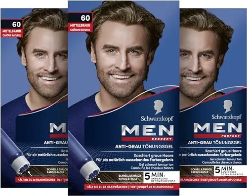 Produktbild: Schwarzkopf Men Perfect Anti-Grau Tönungs-Gel 60 Mittelbraun (3x 80 ml), Haarfarbe für Männer blendet graue Haare aus, Anti-Grau Tönung für ein natürlich aussehendes Ergebnis