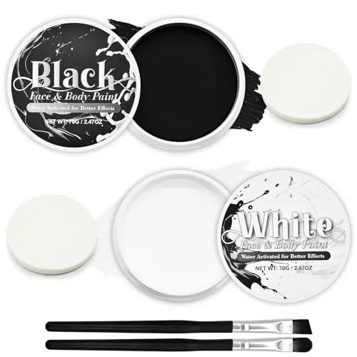 Produktbild: Schwarz-Weiß-Gesichtsfarbenset (je 70 g), Halloween-Komplettabdeckung Gesichtsbemalung Spezialeffekte Make-up-Set für Körper und Gesicht, Ideal für Skelett, Joker, Clown, Leichen-Cosplay-Kostümzubehör