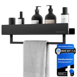 Produktbild: SCHWARZWERK® Handtuchhalter mit Ablage schwarz matt (aus rostfreiem Stahl) Duschablage Bad Wand - Tower Holder - Badezimmer Handtuchhalter - Duschregal Organizer Handtuchstange Badregal Wandmontage