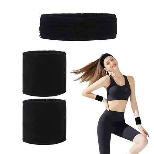 Produktbild: Schweißband Set,3 in 1 Weicher Baumwolle Schweissband Sport Stirnband Armband Handgelenk Fitness Sport Laufen Schweiß absorbierendes Stirnband für Herren und Damen