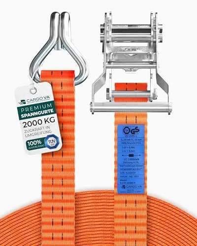 Produktbild: Schwerlast Spanngurte mit Ratsche 2000kg 6M 35MM – TÜV/GS (DIN EN 12195-2) – Zurrgurte mit Haken in Profiqualität (4er Set)