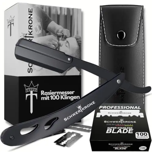 Produktbild: Schwertkrone Rasiermesser Herren mit 100 Premium Wechselklingen + Etui (Schwarz)