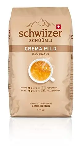 Produktbild: Schwiizer Schüümli Crema Mild, 100 Prozent edle Arabica Kaffeebohnen, fruchtig-nussig, für Vollautomaten, Stärke 2/5, helle Röstung, Rainforest Alliance-zertifiziert, 1kg